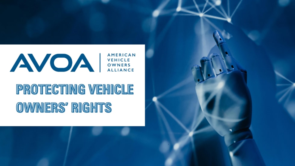 A blue and white graphic with an AVOA logo and text reading "Protecting Vehicle Owners' Rights".