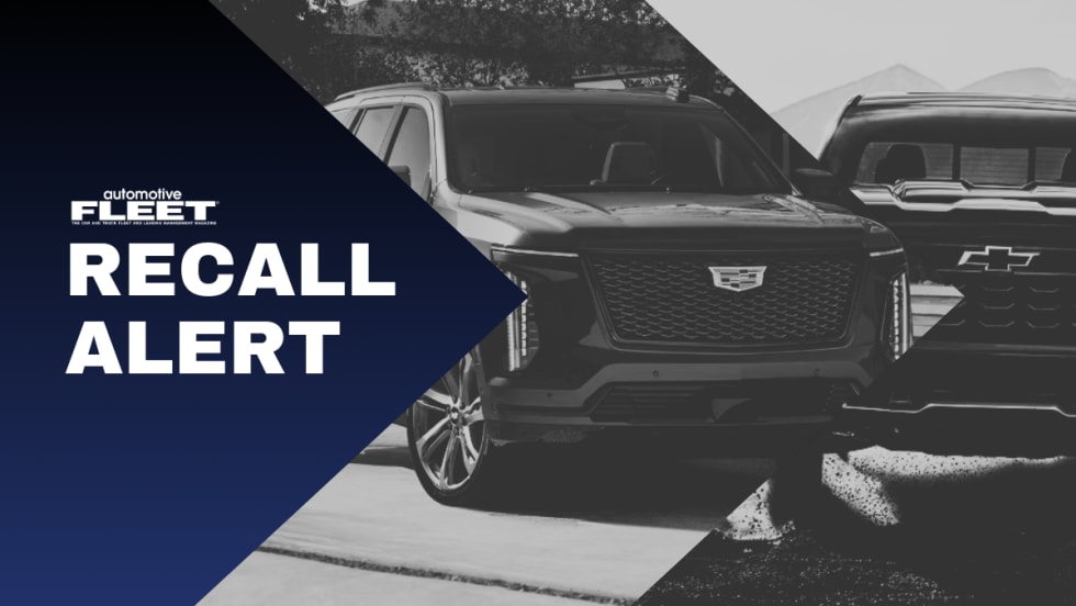 A blue, white, and black graphic with images of a Cadillac Escalade and Chevrolet Silverado 1500 and text reading "RECALL ALERT".
