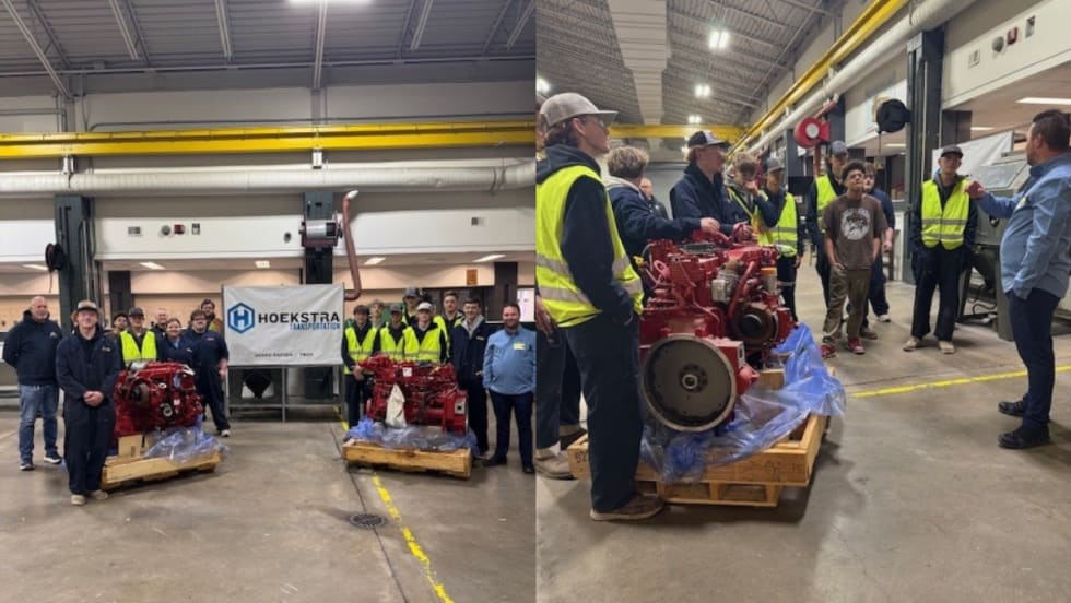 Two images of Hoekstra delivering two diesel engines to KCTC.