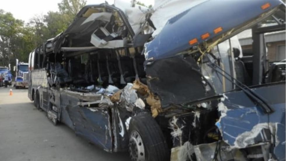 Post-crash photo of the Greyhound motorcoach.