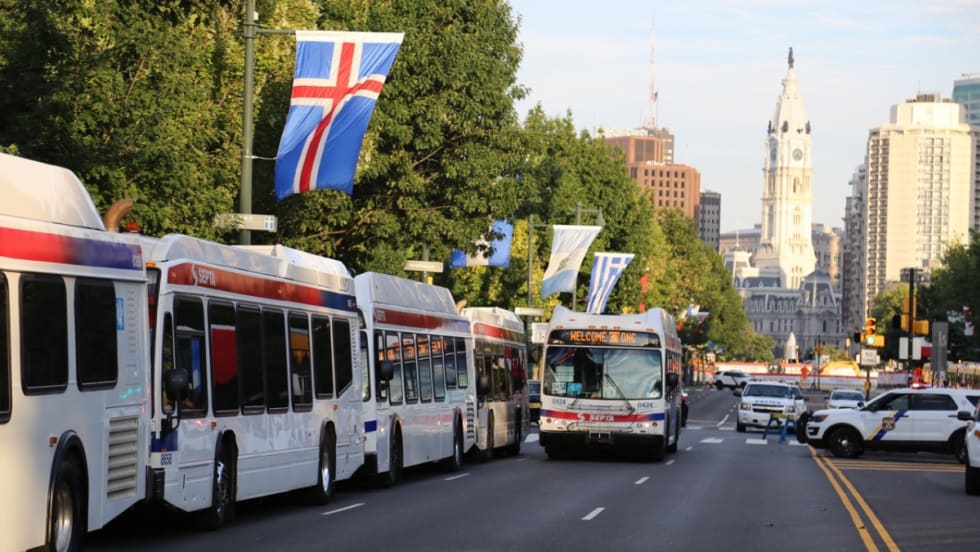 SEPTA buses parked outside a democratic national convention.