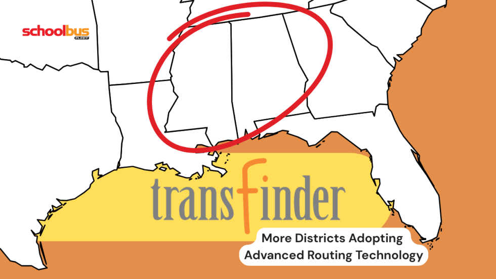 Map of the southeast united states with a Transfinder company logo and text reading "More Districts Adopting
Advanced Routing Technology."