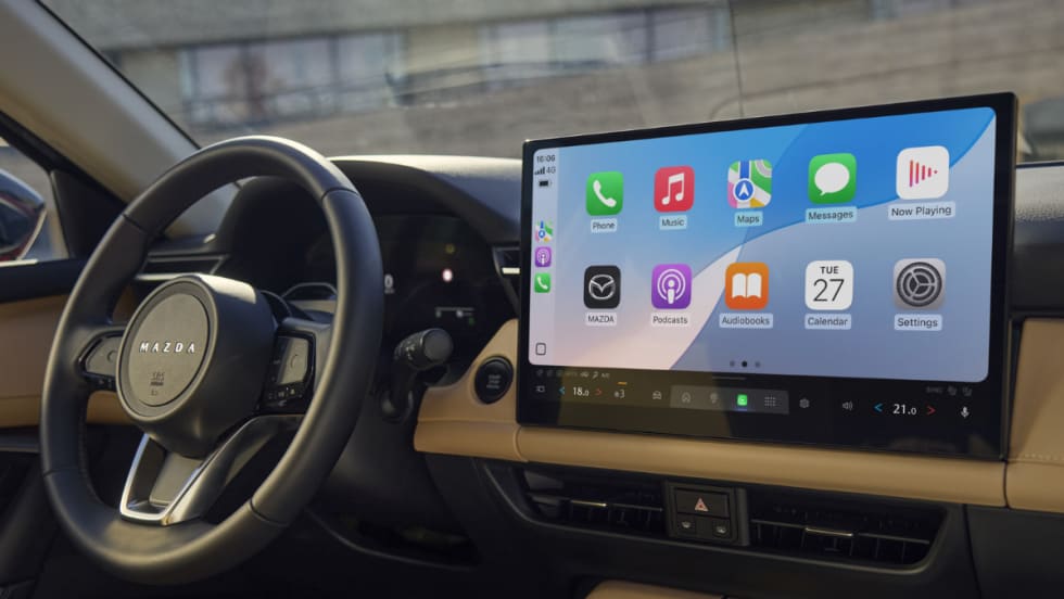 An internal view of the 19-inch screen inside of a 2026 Mazda CX-9.
