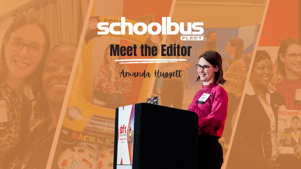 a collage of four photos with an orange transparent background overlay and text on top that reads "Meet the editor Amanda Huggett" with the school bus fleet logo
