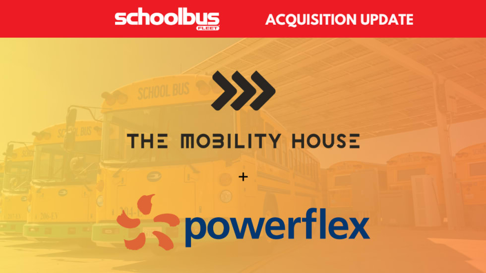 Graphic announcing an acquisition update, showing The Mobility House and PowerFlex logos over a background image of electric school buses at a charging depot, indicating The Mobility House's acquisition of PowerFlex.