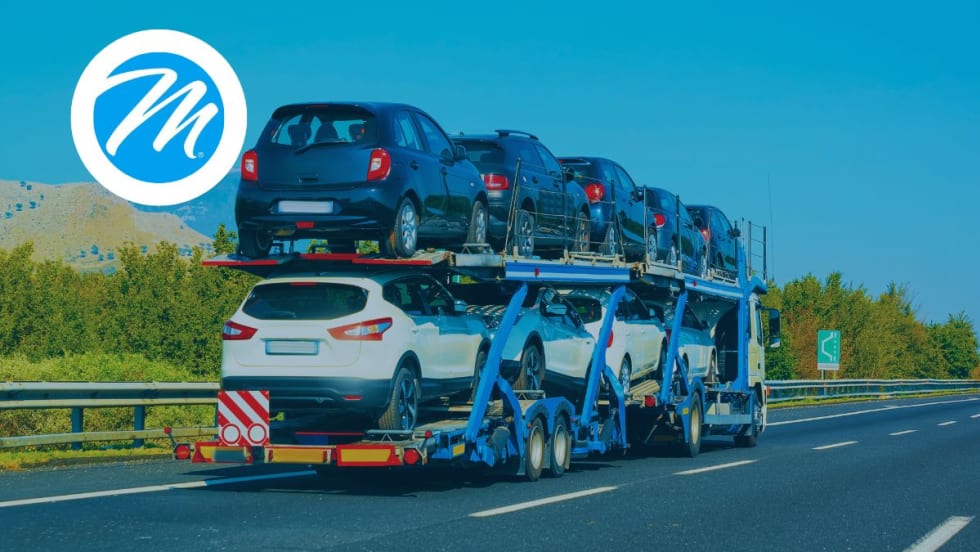 A truck transporting a load of cars.
