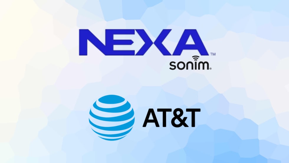 Logos of NEXA, Sonim, and AT&T displayed on a blue background, representing partnership supporting Sonim XP5plus 5G rugged device on 5G and FirstNet networks.