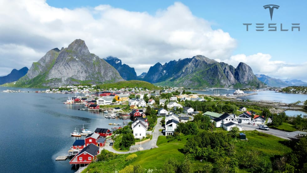 Aerial picture of Norway with Tesla logo in top right corner