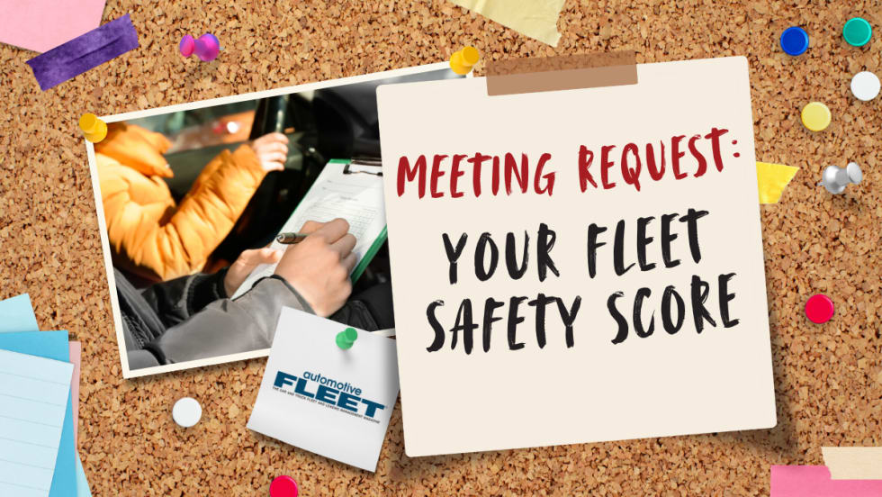 A graphic of a messy corkboard of pins, tape, and sticky notes. A beige sticky note in the center reads "Meeting Request: Your Fleet Safety Score".