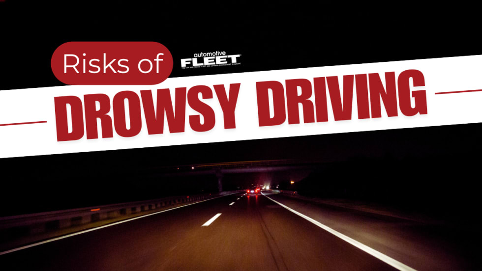 A first perspective view of driving on a road at night with text reading "Risks of Drowsy Driving".