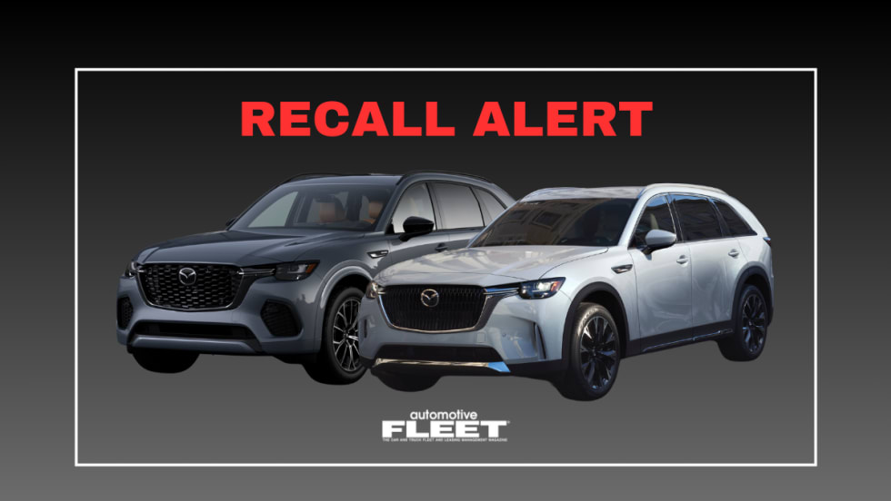 A gray, red, and white graphic with a 2024-2025 Mazda CX-70 and CX-90 models under the words "RECALL ALERT".
