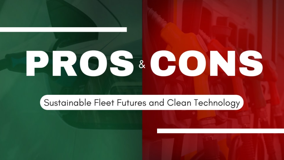 A red and green graphic with the words "Pros & Cons: Sustainable Fleet Futures and Clean Technology".