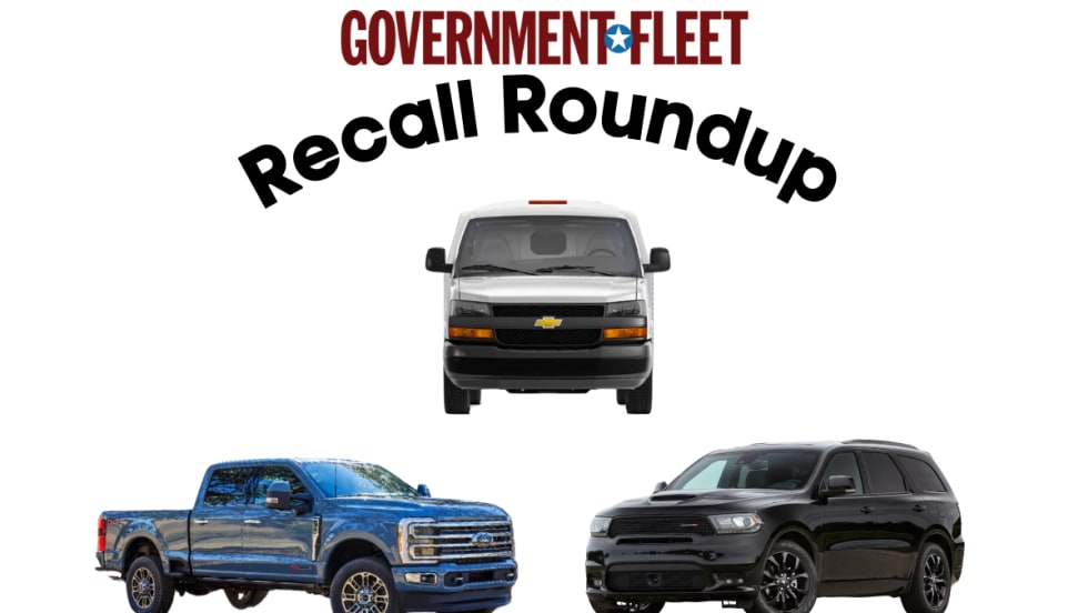 A blue Ford F-350 Limited, a white Chevrolet Express Commercial Cutaway, and a black Dodge Durango are shown in a photo that says 'recall roundup'.