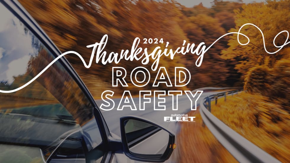 An image of a car speeding around a bend with orange fall trees on either side of the road. "2024 Thanksgiving Road Safety" can be read.