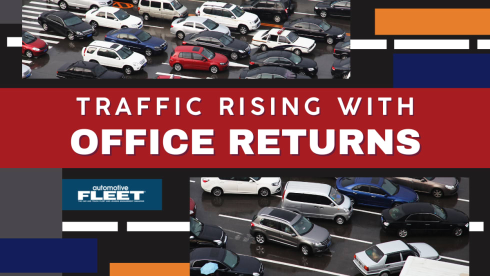 A multi-colored (red, mustard yellow, blue, gray, and black) graphic with images of multi-lane traffic. Text reads "Traffic Rising with Office Returns".
