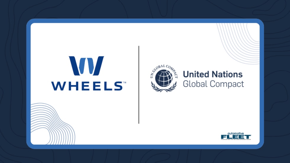 A blue and white graphic with Wheels and United Nations Global Compact logos. 