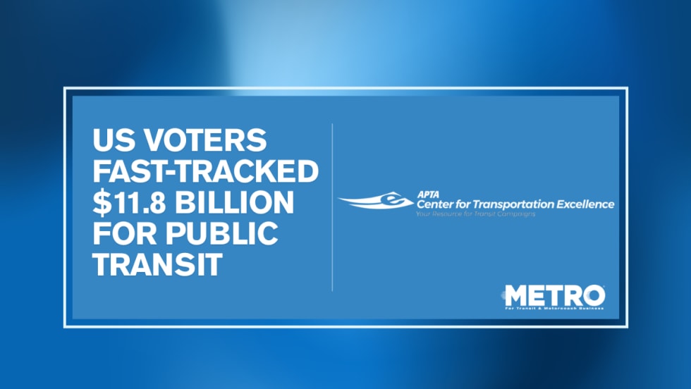 A blue and white graphic with text reading "US Voters Fast-Tracked $11.8 Billion for Public Transportation."