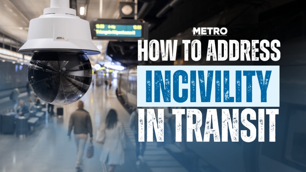 An image of a camera over a subway platform with text reading "How to Address Incivility in Transit."