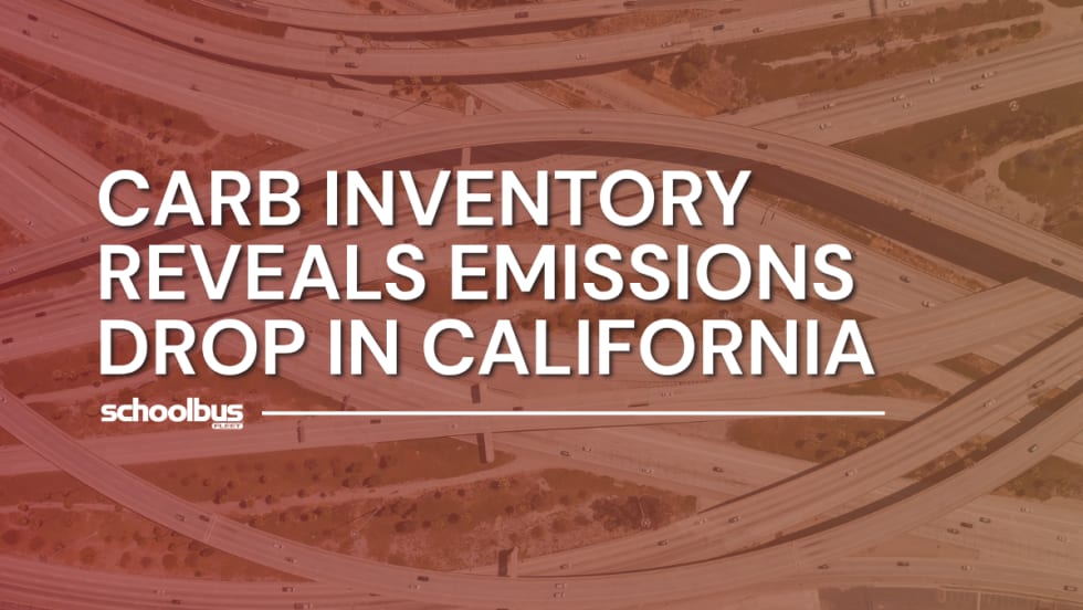 Aerial image of California highways intersecting with text reading "CARB Inventory Reveals Emissions Drop in California."