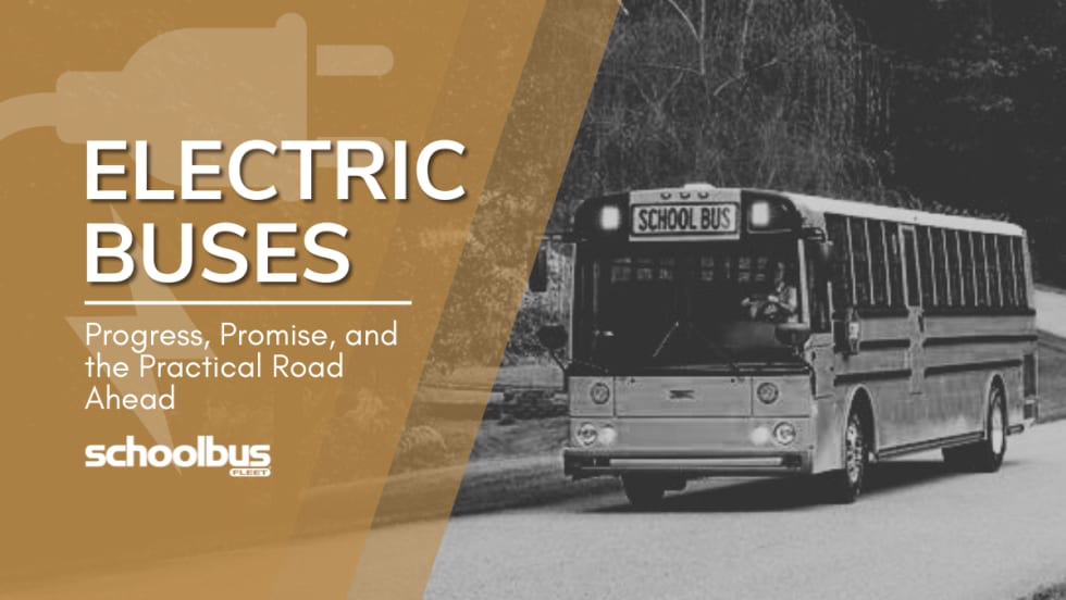 A black and white image of a Thomas Built Wattson bus with text reading "Electric Buses: Progress, Promise, and the Practical Road Ahead."