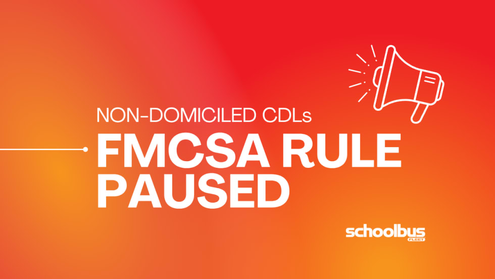 Orange and red graphic with text reading "Non-Domiciled CDLs: FMCSA Rule Paused."