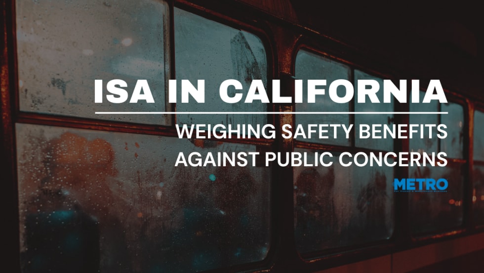 Silhouettes in a bus window with text Reading "ISA in California: Weighing Safety Benefits Against Public Concerns."