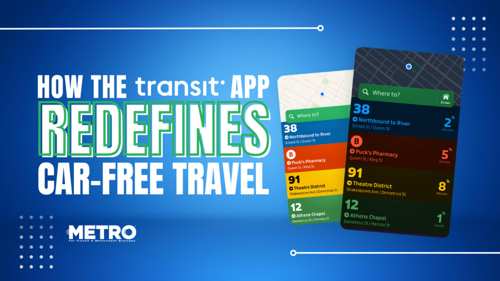 A blue and white graphic with examples of Transit's mobile interface and text reading "How the Transit App Redefines Car-Free Travel."