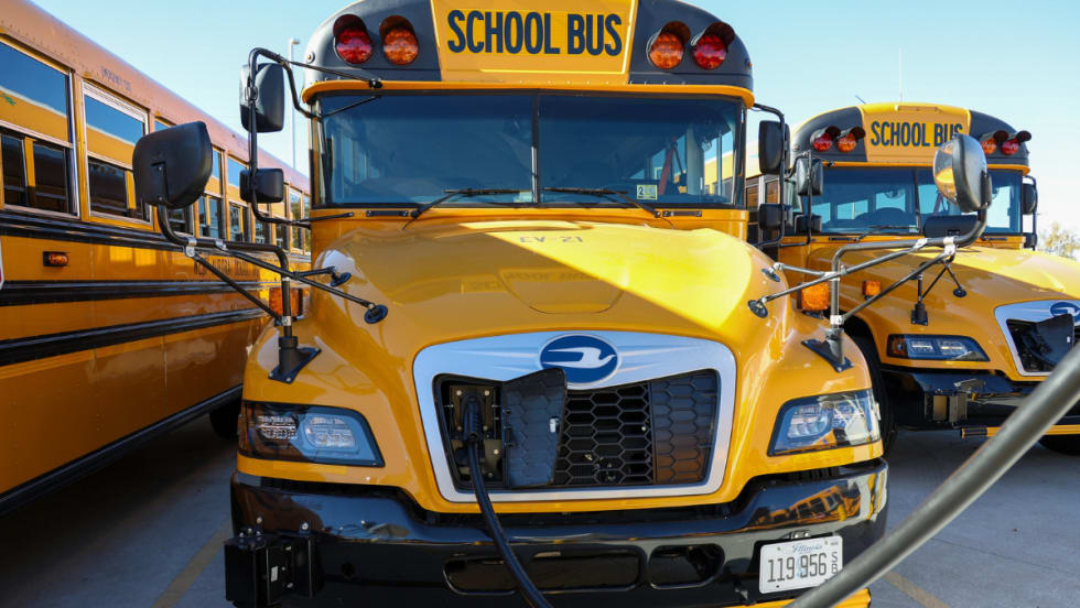 Front view of an all-electric Blue Bird school bus.