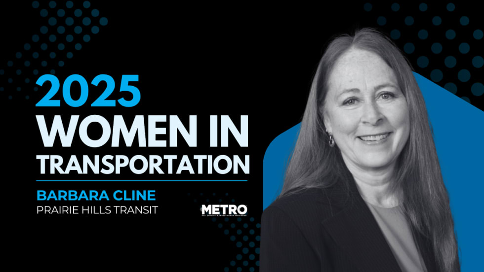 A blue, black, and white graphic with a portrait of Barbara Cline and text reading "2025 Women in Transportation, Barbara Cline, Prairie Hills Transit."