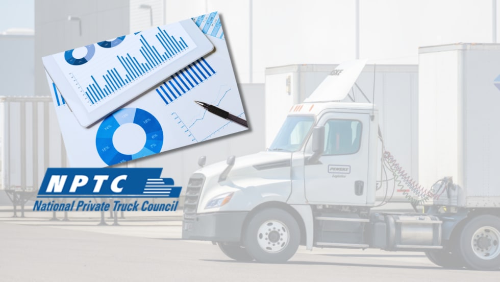 Illustration of Penske day cab backed into loading dock with graphic of generic charts and graphs and a penske logo.