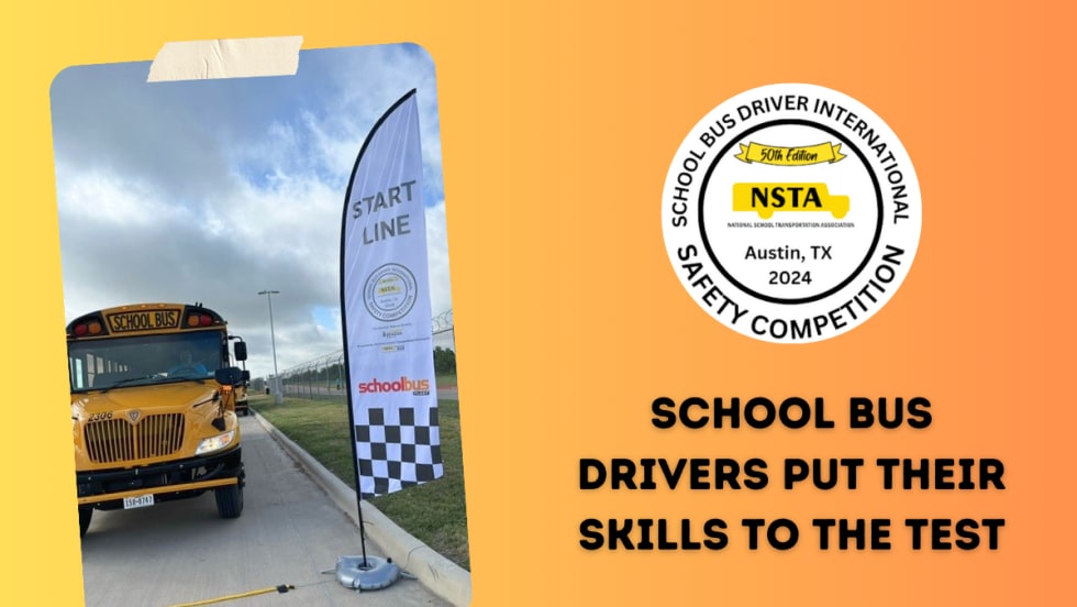 A school bus sits at the start line waiting for the competition to begin. A white flag shows the SBDISC logo, along with the School Bus Fleet logo.