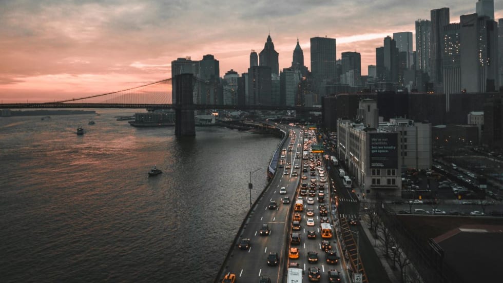 New York City expressway at dusk.