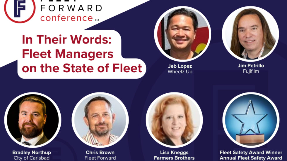 A red, white, and dark blue graphic detailing the panelists for the FFC seminar "In Their Words: Fleet Managers on the State of Fleet".