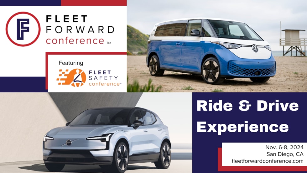 A blue, red, and white graphic with images of a Volkswagen ID. Buzz and a Volvo EX30, with text reading "Ride & Drive Experience".