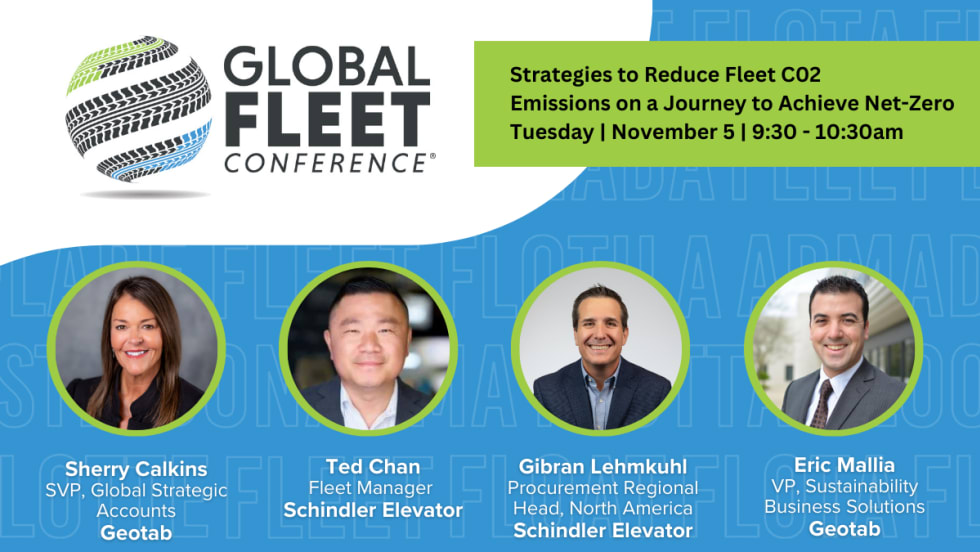 A sky blue and lime green graphic detailing the Global Fleet Conference seminar "Strategies to Reduce Fleet C02 Emissions on a Journey to Achieve Net-Zero."