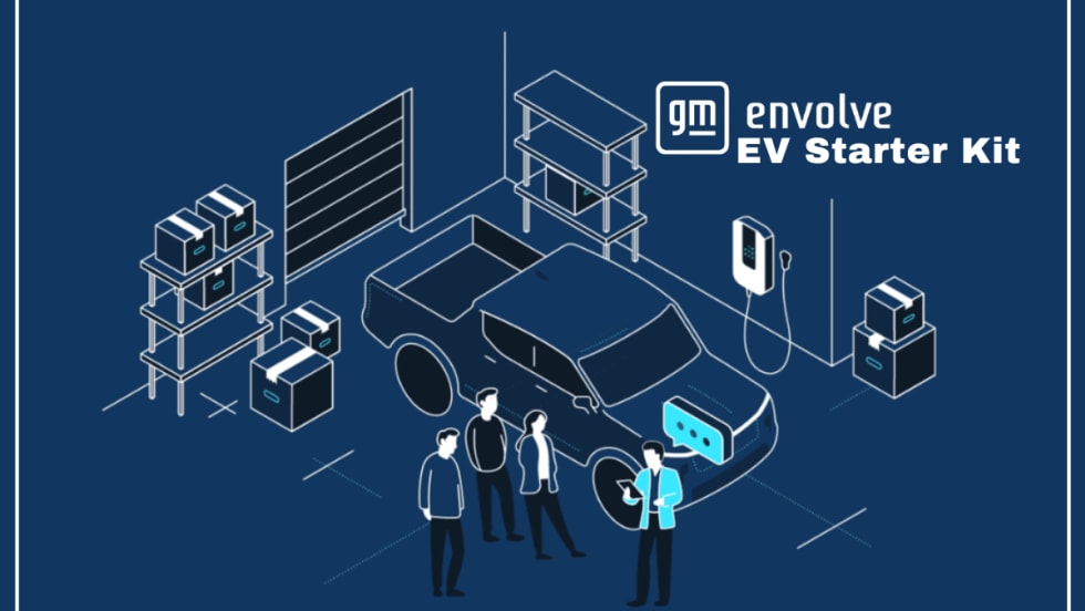 Blue and white illustration of a truck being charged in a garage. A white GM Envolve logo is in the top right corner with text that reads "EV Starter Kit". 