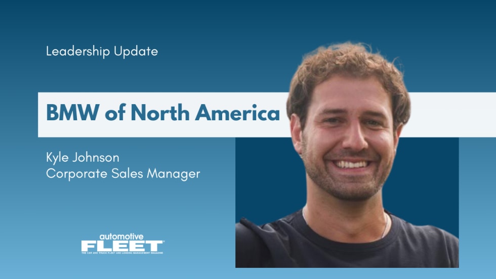 A blue and white graphic detailing Kyle Johnson as the new Corporate Sales Manager for BMW North America.