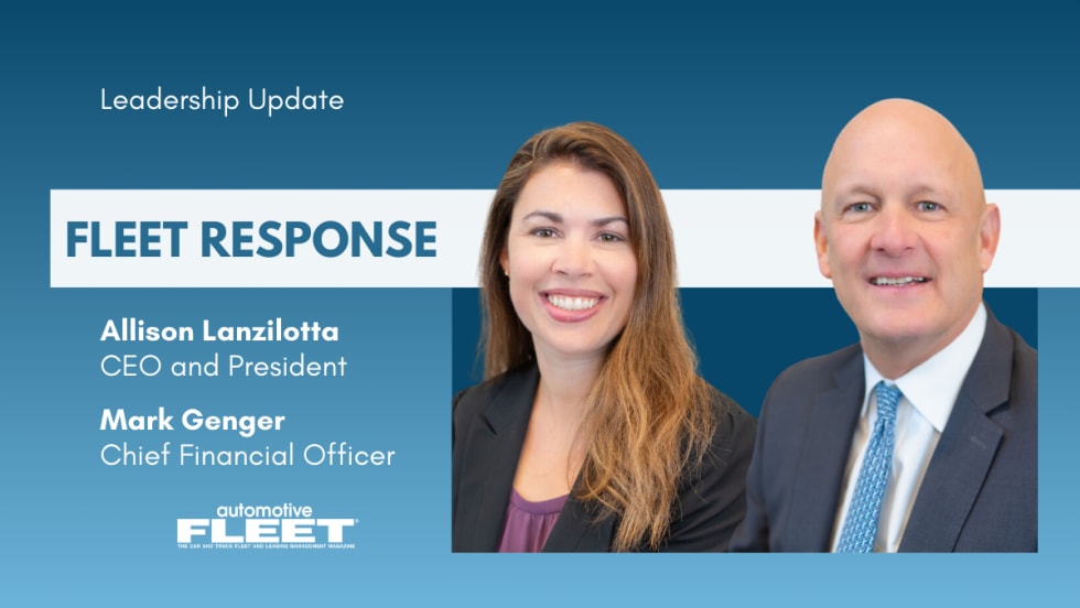 A blue and white leadership update graphic detailing Allison Lanzilotta and Mark Genger's new roles at Fleet Response. 