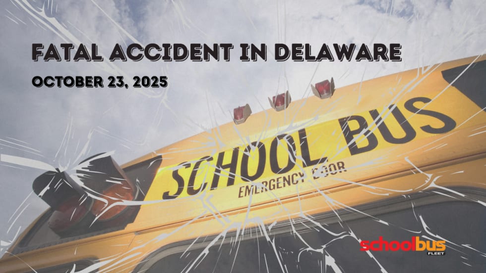 The top of a school bus with text reading "Fatal Accident in Delaware."