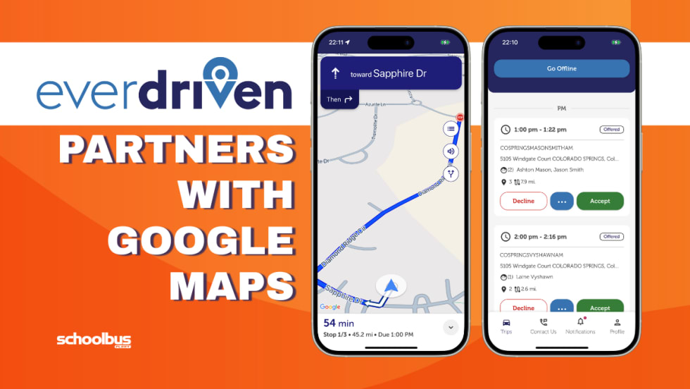 An orange and white graphic with EverDriven's logo and screenshots from the navigation portion of the driver app.