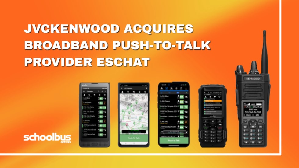 An orange and white graphic with ESChat and JVCKENWOOD products.