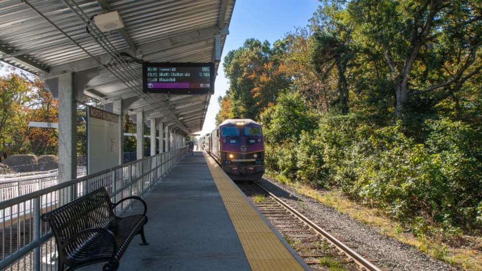 A purple commuter train at the North Wilmington Station.