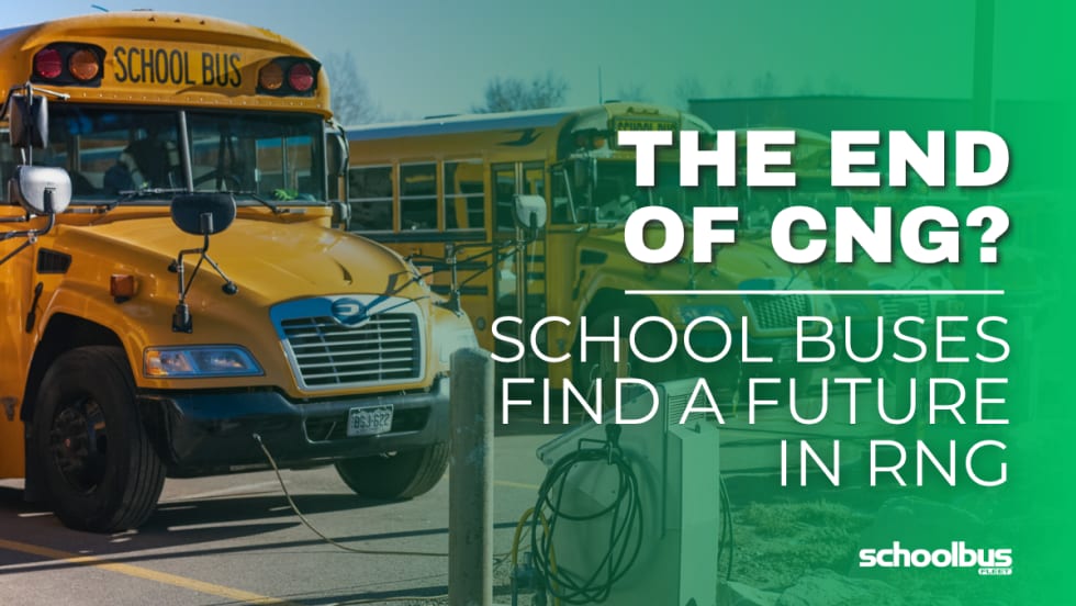 A green and white graphic with an image from a bus depot in a Colorado school district.