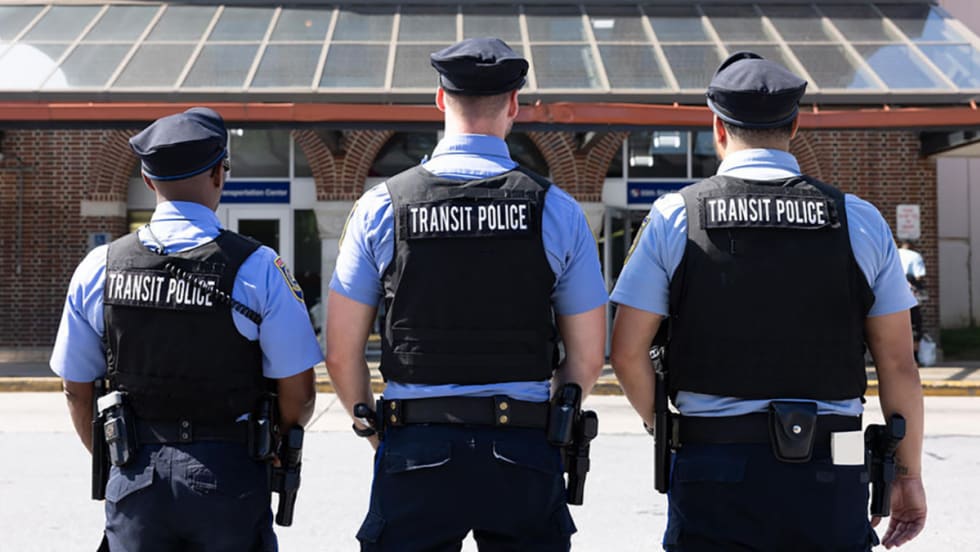 The back of three SEPTA Transit Police.