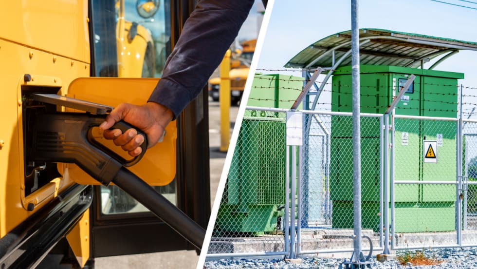 Two-image collage of electric charging school buses and other machinery.