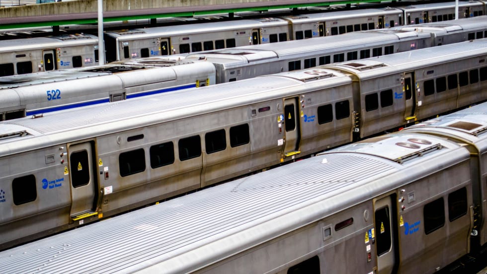 Rows of MTA's Long Island Railroad (LIRR) commuter rail cars.