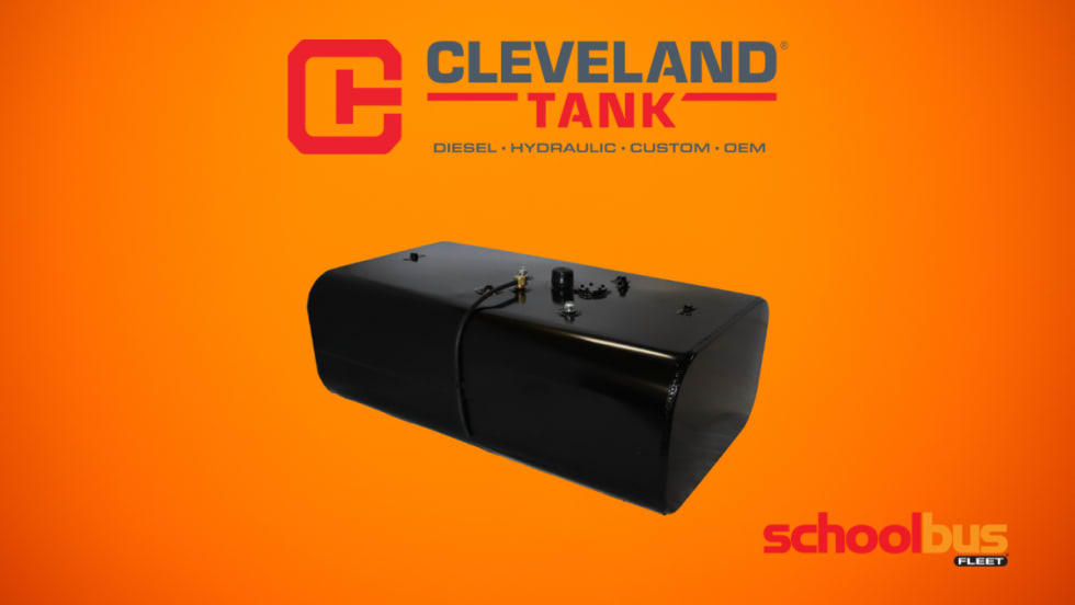 Black diesel fuel tank with Cleveland Tank and School Bus Fleet logos on an orange background.