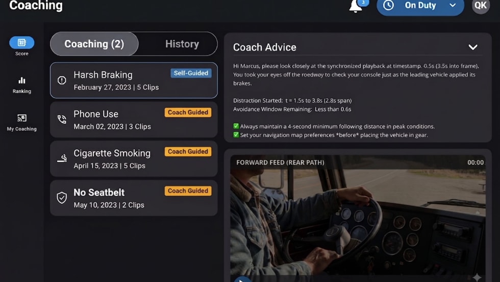 PS Coach tablet interface showing a driver’s coaching inbox, safety event video and coaching advice for a harsh-braking event.
