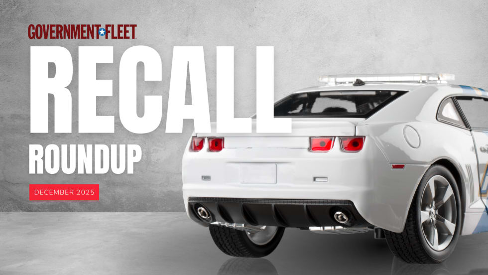 Graphic for Government Fleet’s October 2025 Recall Roundup showing a white police vehicle and bold text reading “RECALL ROUNDUP” with a red tag labeled “December 2025” on a concrete background.