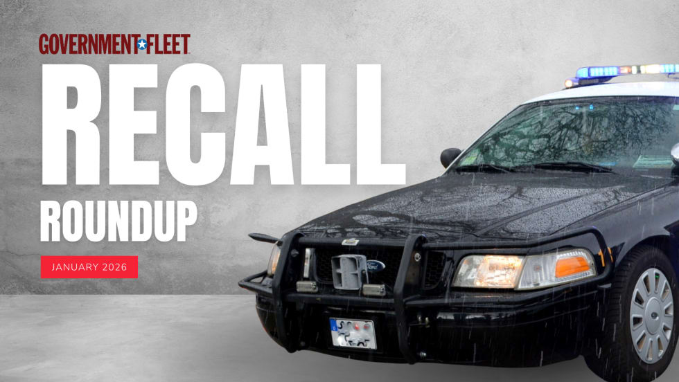 Graphic for Government Fleet’s January 2026 Recall Roundup showing a black police vehicle and bold text reading “RECALL ROUNDUP” with a red tag labeled “January 2026” on a concrete background.